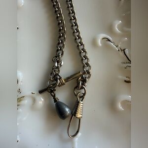 Vintage men's 14" silver tone pocket watch chain fob, toggle clasp